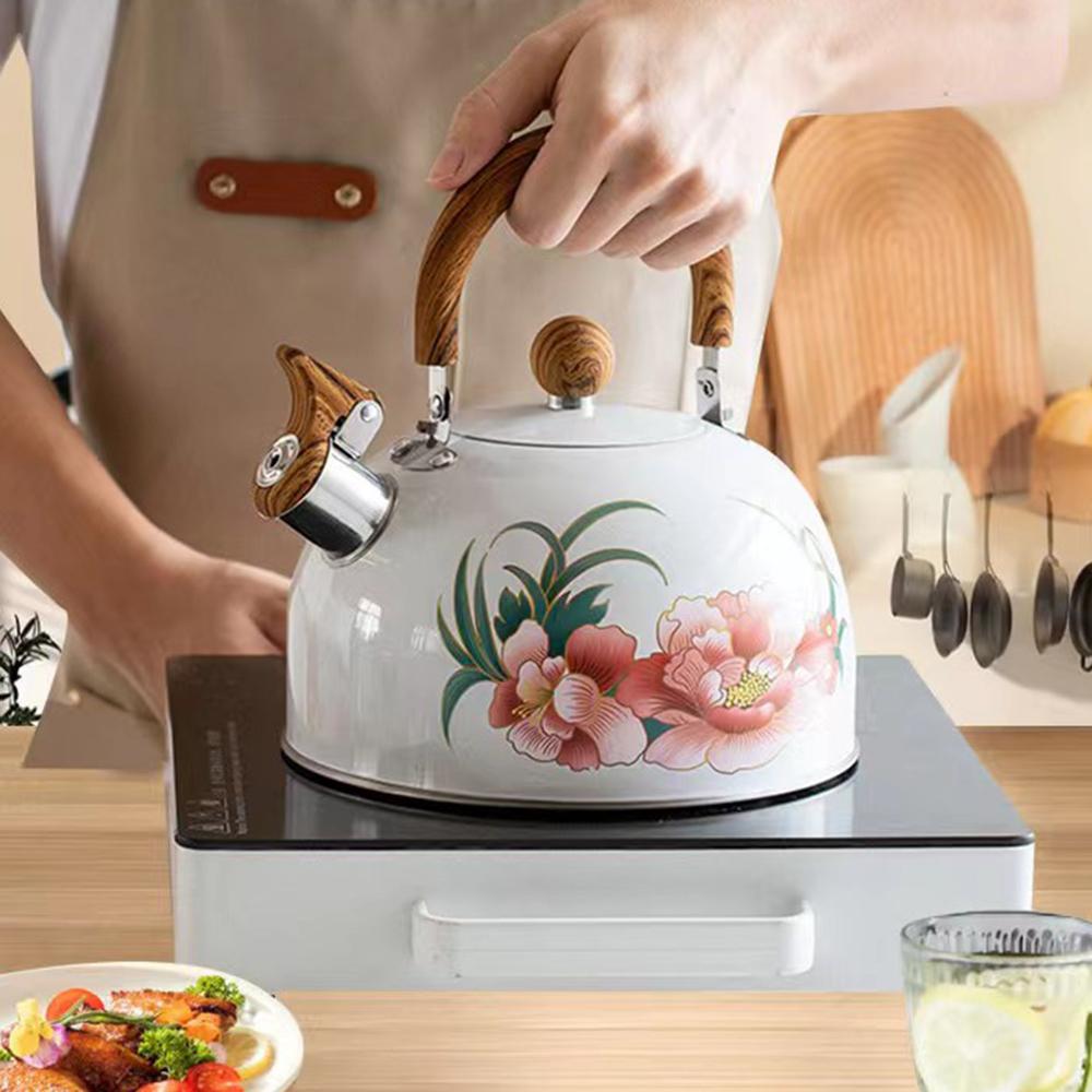 New stainless steel whistle kettle, Peony flower boiling water pot, High-capacity tea kettle, Household kitchenware, 3L