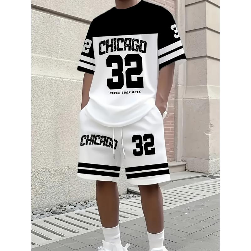 2-piece Men's Chicago Themed Oversized '32' Number 22 Logo T-shirt and Matching Shorts Set