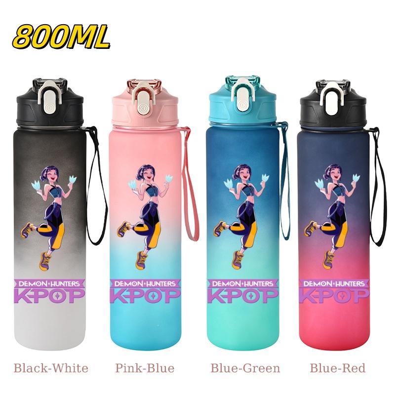 800ML KPop Demon Hunters Gradient Cartoon Print Large Capacity Straw Water Cup Outdoor Portable Sports Drink Bottles Travel Mug