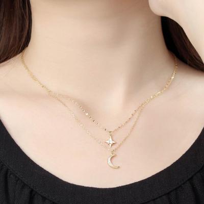 [Bijou Holic] Colar em Camadas de Estrela e Lua Banhado a Ouro Prata 92.5