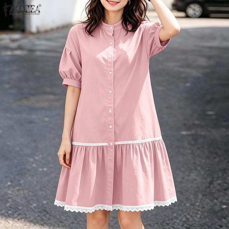 ZANZEA Women Stand Collar Summer Lace Splice Hem Loose Half Sleeve Dress