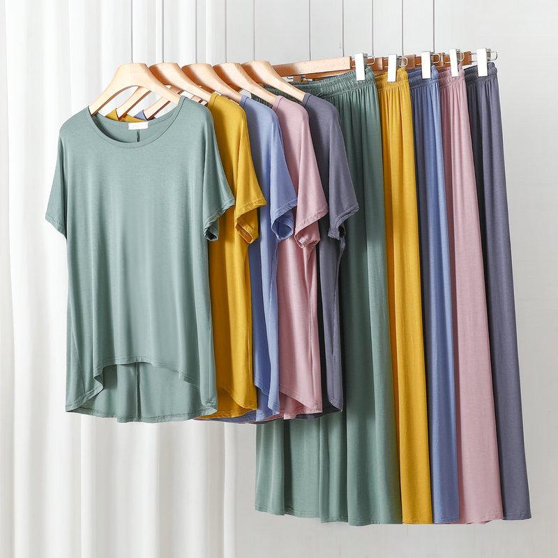 Damen Übergröße Freizeit-Pyjama-Set: Modal Rundhals Kurzarm Oberteil & Weitbeinige Hose