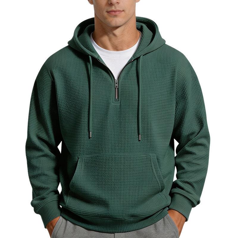 Men S Solid Color Waffle Hooded Half Zip Long Sleeve Pullover Sweatshirt