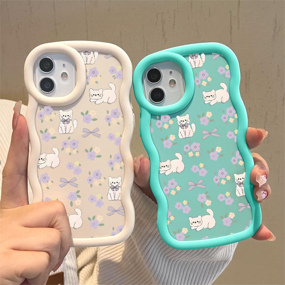 For Infinix Hot 40i 30i Smart 8 OPPO A18 A38 A58 A60 A78 Reno12 FS Vivo Y18 Y28 Y36 Y22s Y17s Soft Wave Edge Cute Flower Kitty Pattern Phone Case