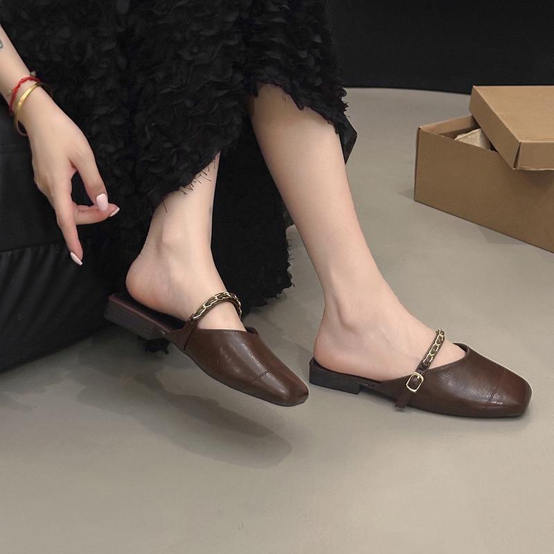 Spring New One-pedal Half-slippers Women's Fashion Chain Flat-bottomed Outer Bag Head Sandals Bag Head Shoes