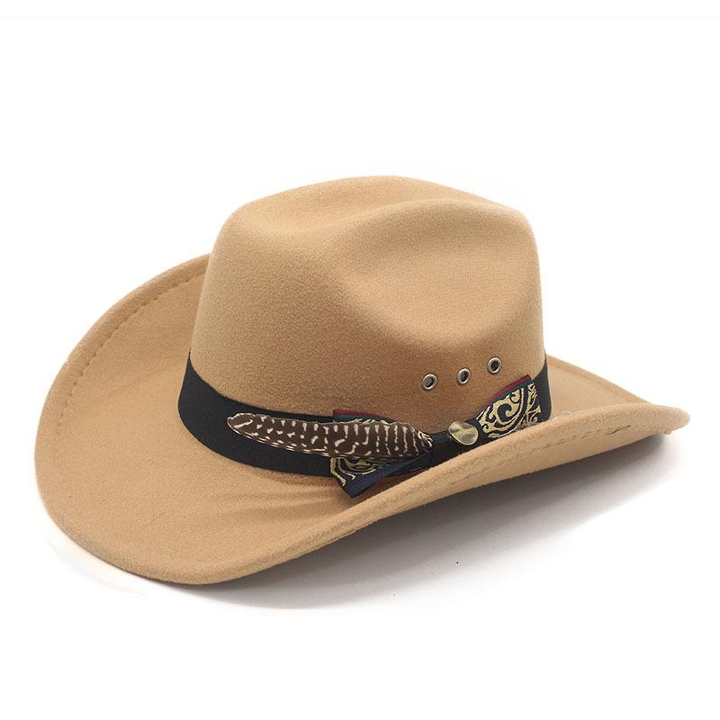 New ethnic style feather bow word western cowboy hat woolen top hat big eaves hat jazz hat