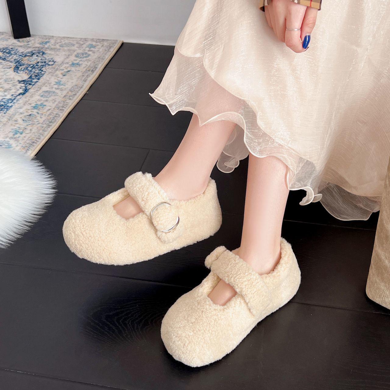 

Women s Fairy Style Furry Flat Mary Jane Shoes with Velvet Strap for Winter Comfort 40