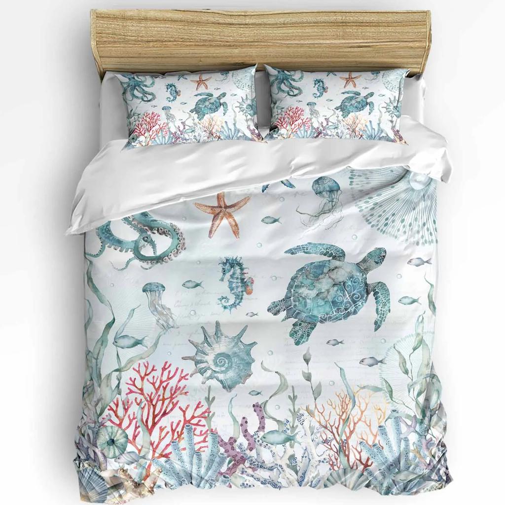 Nautical Theme Sea Turtle Starfish Compass Duvet Cover With Pillow Case 3Pcs Bedding Set Quilt Cover Double Bed Home Textile