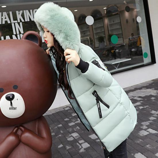 Women's Mid-Length 2024 Winter Cotton Coat with Large Fur Collar - European, American, and Korean Style, Plus Size, Thickened.