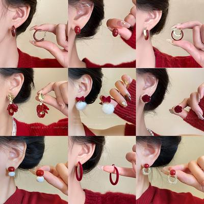 Ankola Red Geometric Earrings Women's New Year's Festive Niche Temperament Explosive Earrings Autumn and Winter Ear Jewelry Wholesale