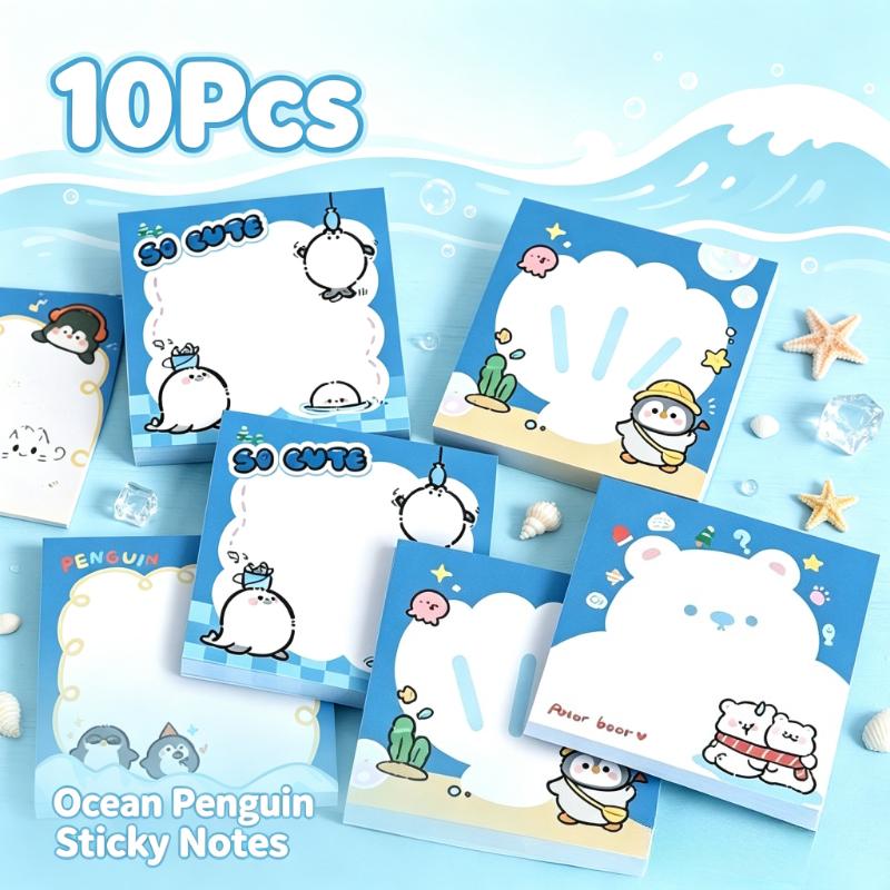 10Pcs Cute Marine Animal Note Paper, Random Styles, 50 Pads Each, Size 3.15 × 3.15 Inches, Self-adhesive Note Pads That Can Be Pasted Multiple Times