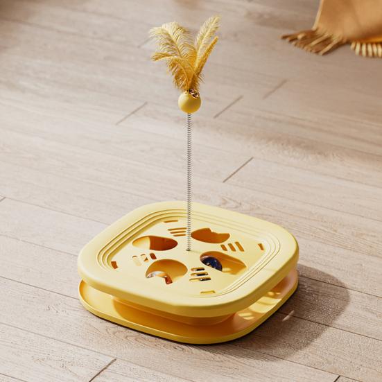 Interactive Cat Enrichment Toy Cat Maze Box with Track Balls Feather Teaser Wand Multi-Functional Puzzle Toy for Indoor Cats Entertainment