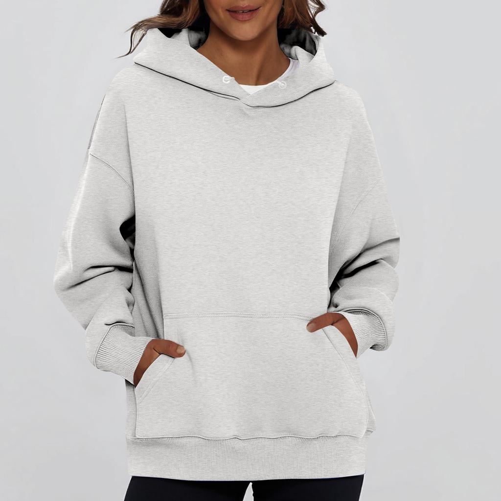 Ladies' Fashionable Solid Color Casual Hooded Pocket Long Sleeved Top