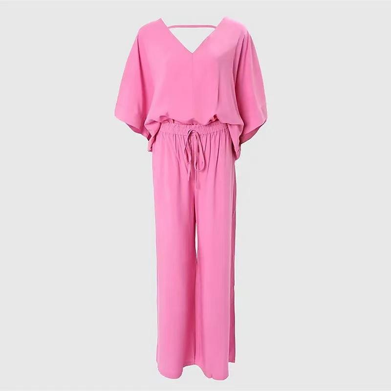 Summer Casual Loose Two Piece Set Women Fashion V-neck Pants Sets Women Elegant Batwing Sleeve Homewear Outfits 2 Piece Sets