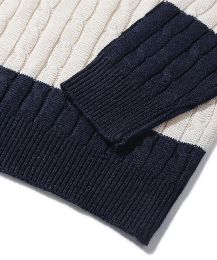 TRILLION Washable Boat Embroidery Cable Crew Neck Knit (Navy Stripe)