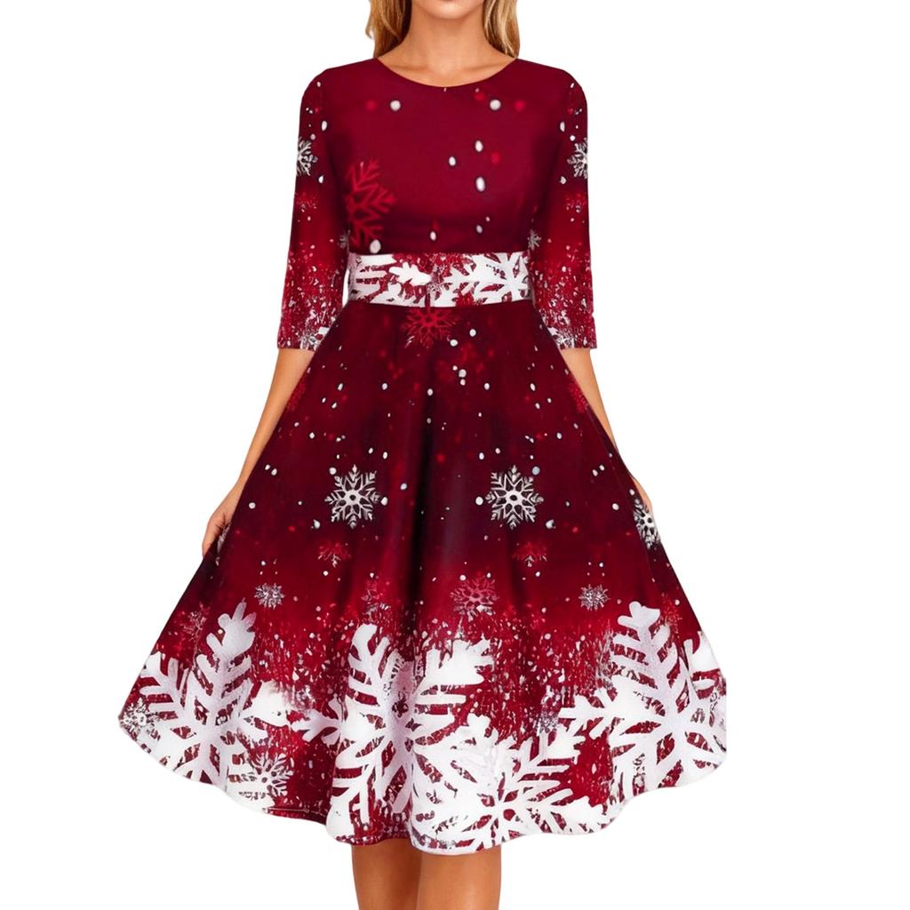 Ladies' Printed Fashionable And Personalized Snowflake Mid Sleeve Waist Dress