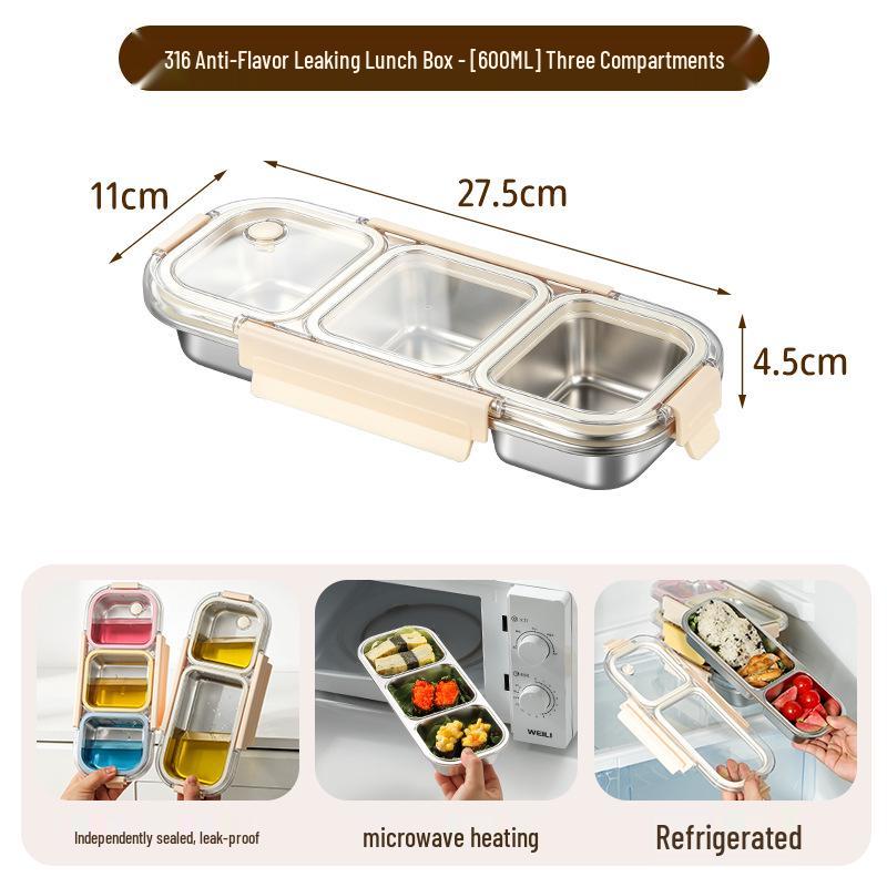 316 Stainless Steel Leak-Proof Bento Box with Three Compartments for Freshness and Fat Reduction