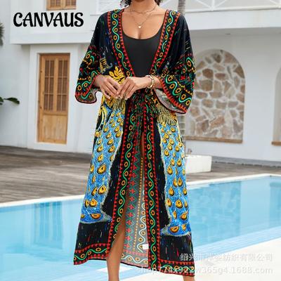 Kardigan pro ženy plus size s plážovým potiskem, bikiny, plavky se sluneční ochranou s přehozem