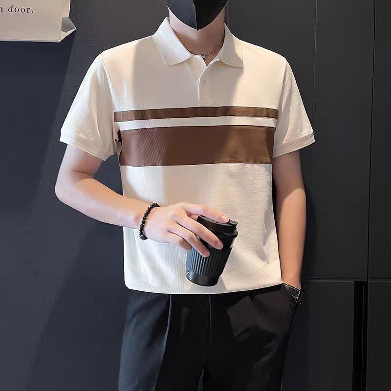 High-End Splicing Polo Shirt Men'S Handsome Slim-Fitting Clothes Trendy Light And Familiar Contrasting Color Lapel Short-Sleeved T-Shirt