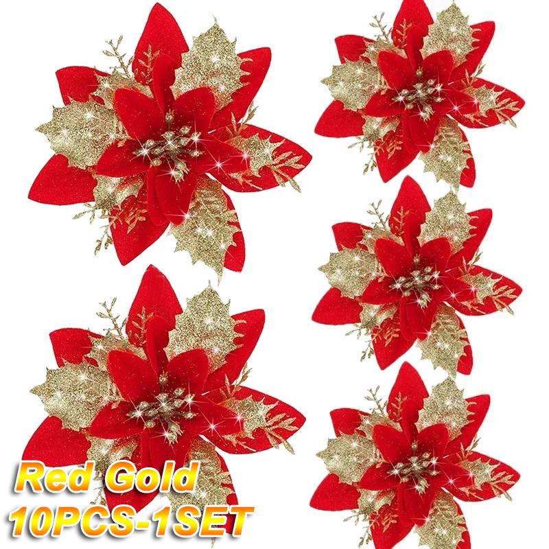 100pcs Glitter Artifical Christmas Flowers Mreey Christmas Tree Decoration Happy New Year Ornaments Xmas Fake Flowers natal