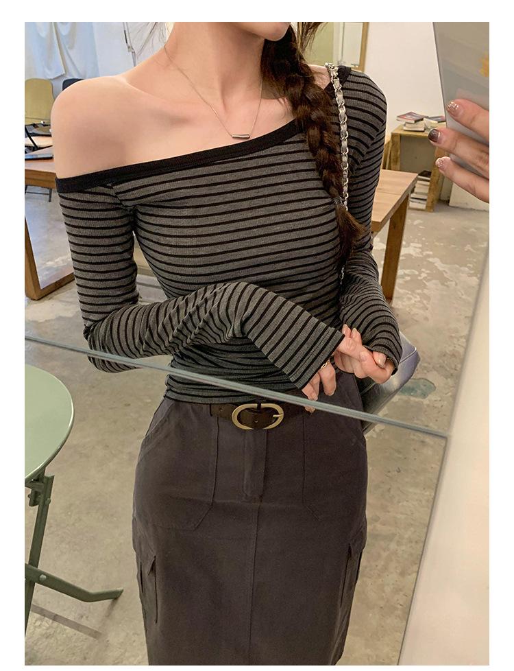 Chic Gray Striped One-Shoulder Long-Sleeve T-Shirt - Women's Autumn Korean Style Slim Fit Off-Shoulder Top