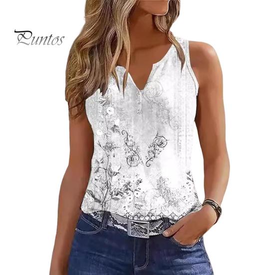 Women Summer Vest V-Neck Sleeveless Floral Print Tank Tops Buttons Neckline Loose Fit Casual Camisole Streetwear