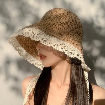 Women's Summer Crochet Straw Hat Wide Brim Ribbon Lace Edge Sun Hat Outdoor Seaside Foldable Sunshade Hat