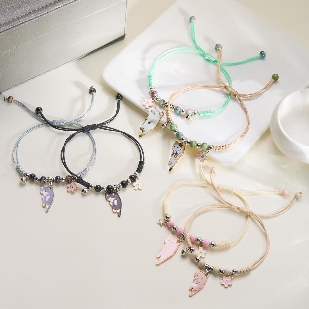 Handgefertigtes Cartoon Emaille Katze Blume Armband für Damen Herren Paare Tier Haustier Anhänger Band Seil Armbänder Freundschaft Schmuck