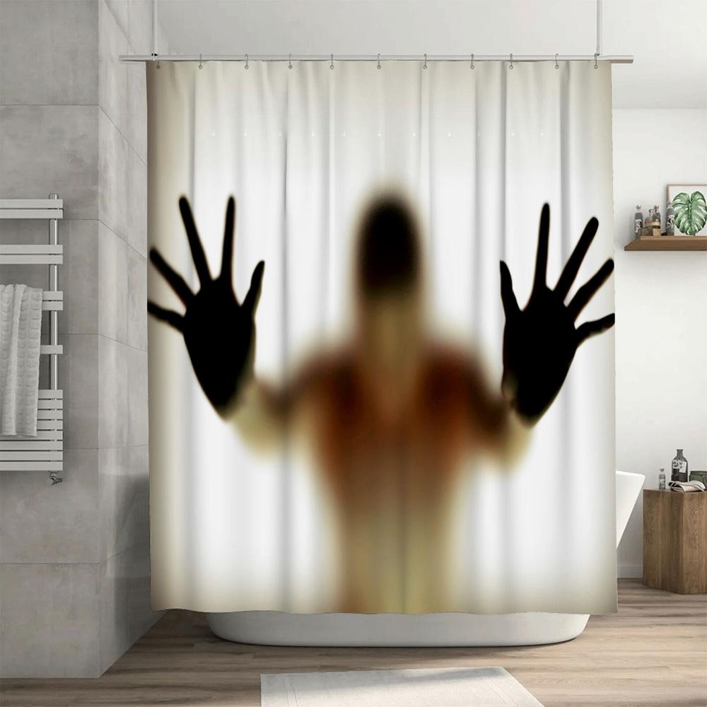Handprint Shower Curtain Halloween Decorations For Bathroom, Spooky Home Decoration Supplies Black Silhouette Design Waterproof