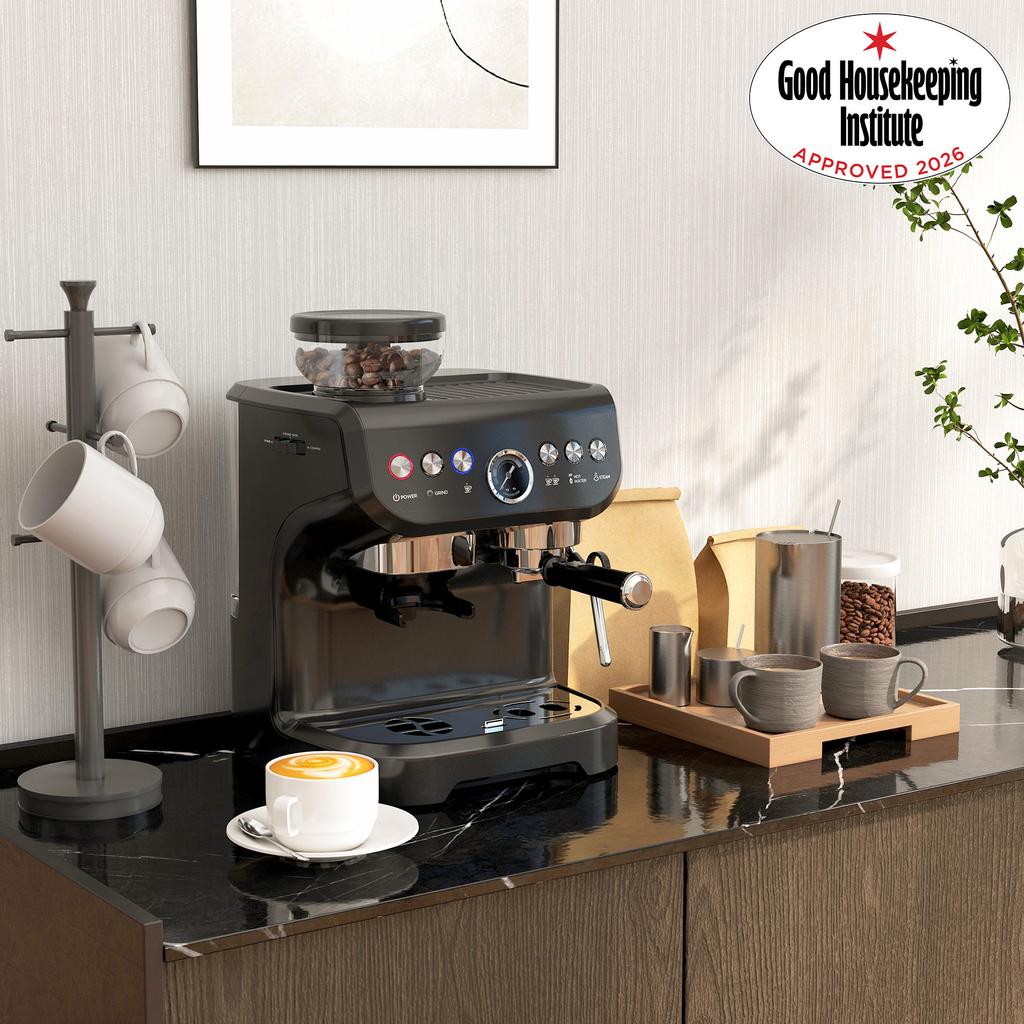 15 Bar Coffee Machine, with Adjustable Grind, Steamer and Accessories - Black