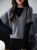 Women's V-neck Ribbed Wool Sweater Vest - Sleeveless, Loose Fit for Autumn/Winter.