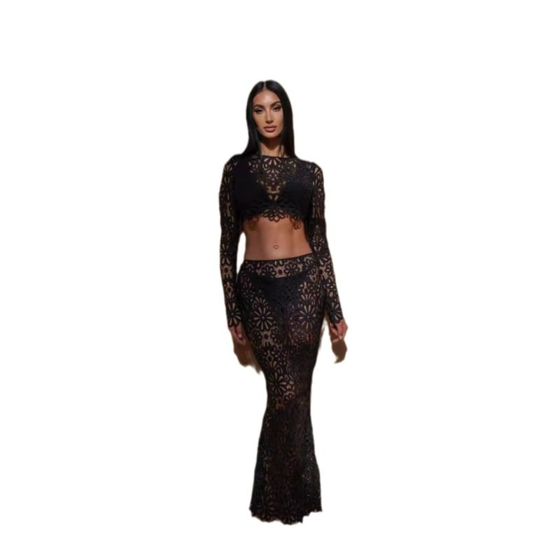 Slim Cut Lace Top and Skirt Set Slim Fit Hollow Lace Top and Skirt Sets