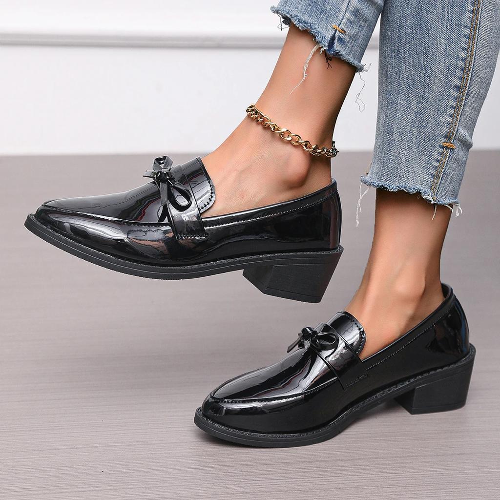 Fashion PU Leather Women's Shoes 2025 Spring Pointed Toe Slip-on Women's Casual Loafers Elegant Bow Office Med Heel Shoes Zapatos Mujer