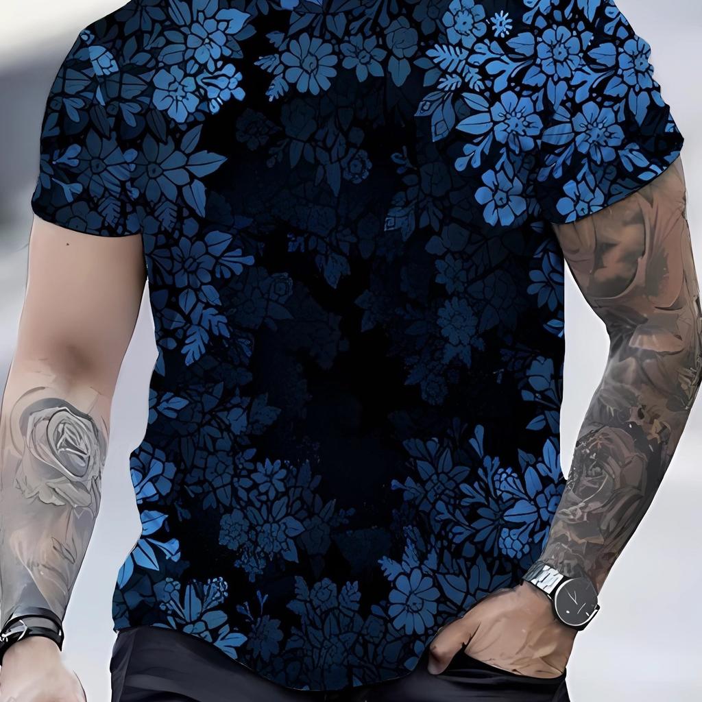 Trend 3D Printing Men's Fashion Casual Simple Short-sleeved T-shirt Comfortable Breathable Cherry Blossom Print Short Sleeve
