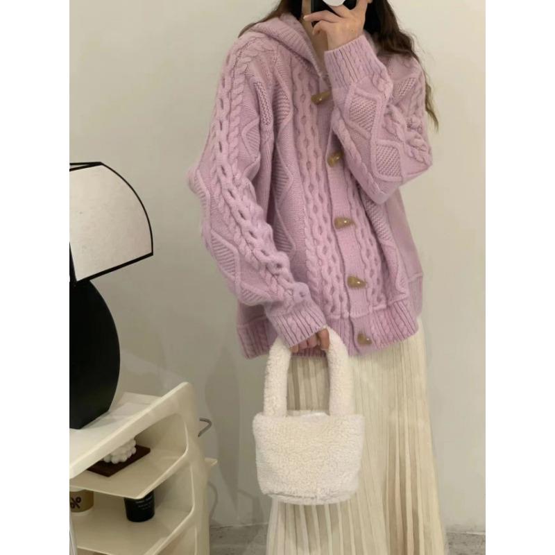 Vintage horn buckle hooded sweater jacket cardigan women's thickened autumn and winter loose lazy wind knitted sweater top