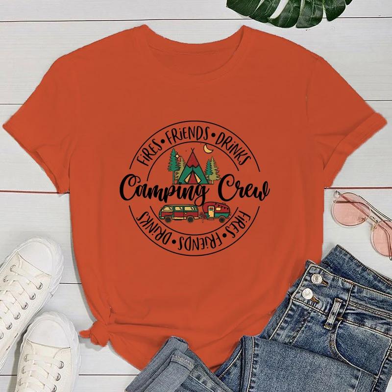 (Premium T-shirt)Fires Friends Drinks Camping Crew Letter Print T Shirts With Funny Saying Girls And Women'S Fashion Graphic Tee