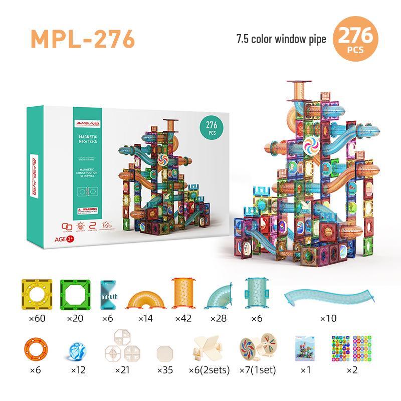 Cross-Border Magnetic Tiles: Colorful Large Window Building Blocks with Pipe Rolling Ball for Kids