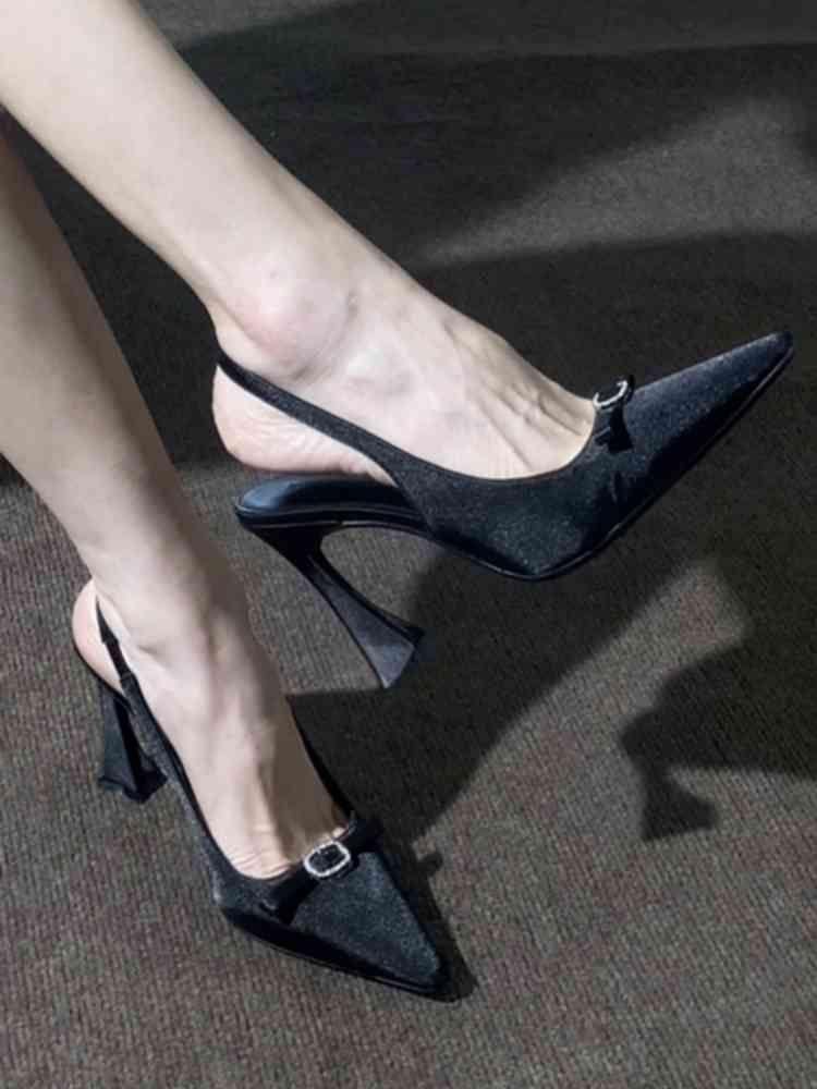

2025 summer new purple satin horseshoe heel bow sandals women s pointed rhinestone buckle sexy high heels 40