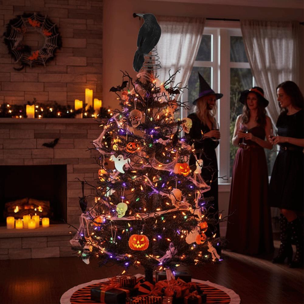 Realistic Halloween Crow Tree Topper Flexible Spring Base Halloween Raven Desk Doll Autumn