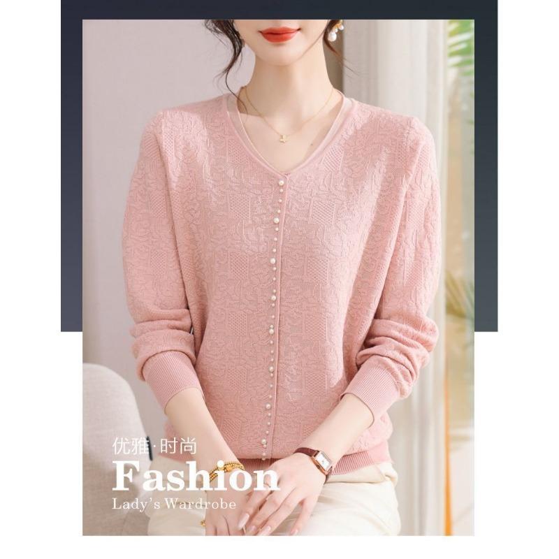 

Новая осенняя мода Базовый топ Вязаный V-образный вырез Бисероплетение Длинные рукава для женского универсального свитера L розовый