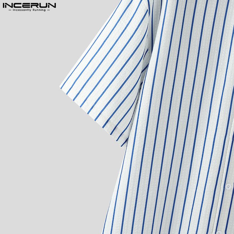 INCERUN Men Short Sleeve Shirts Lapel Stitching Striped Loose Shirts