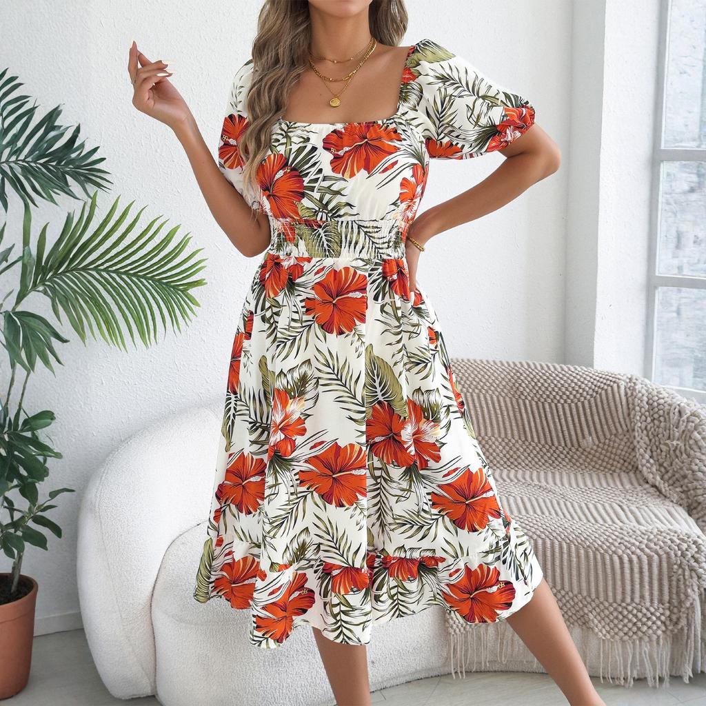 Women Off Shoulder Ruffle Sleeve Floral Print Loose Fit Holiday Beach Dress Casual Relaxed Style Summer Sundress