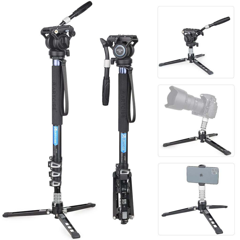 ARTCISE Aluminum Alloy Monopod Kit with Fluid Video Head and 183cm Maximum Video Head Tripod Base Monopod with Smooth Pan Tilt for Outdoor Video