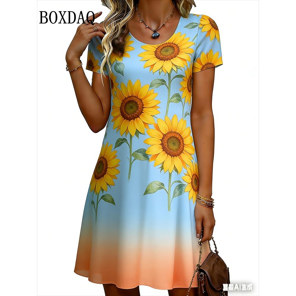 Women's Mini Dress Summer Fashion Gradient Floral Graphic Short Sleeve Dress Casual Round Neck Flower Printed Loose Female Dress
