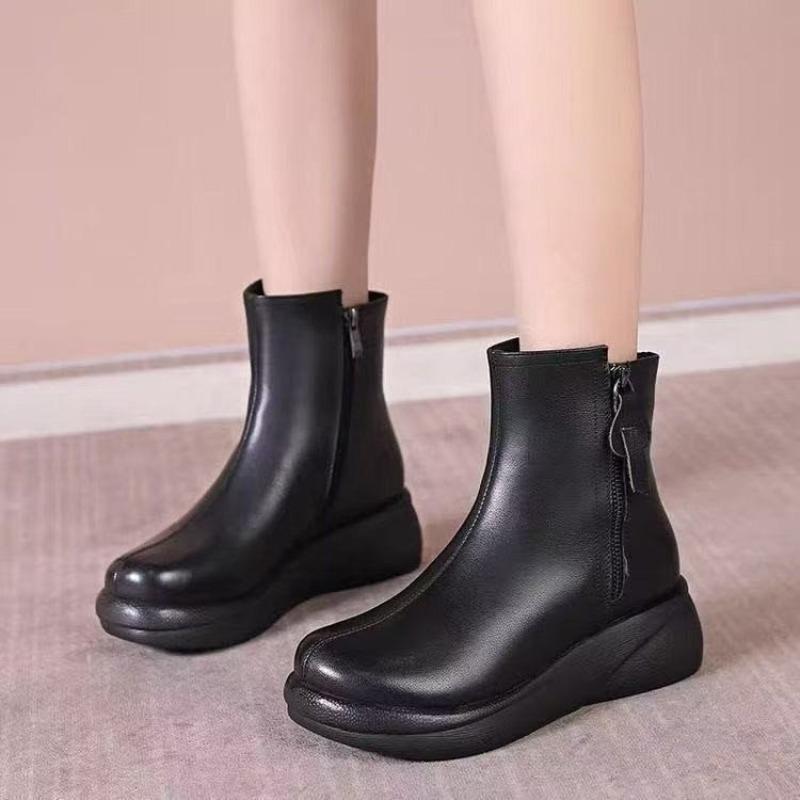 Thick-soled Shoes, Short Boots, Women's Soft Leather Round Toe Flat Bottom Fleece Warm Casual Boots