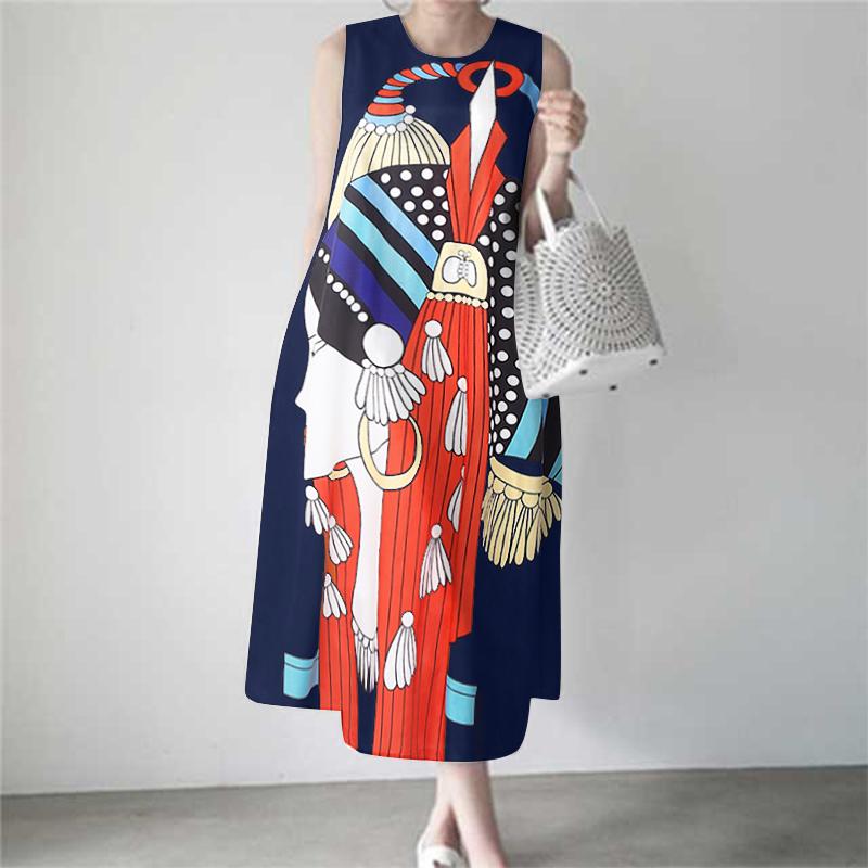 

ZANZEA Женское летнее повседневное пляжное платье без рукавов с круглым вырезом и принтом 4XL тёмно-синий