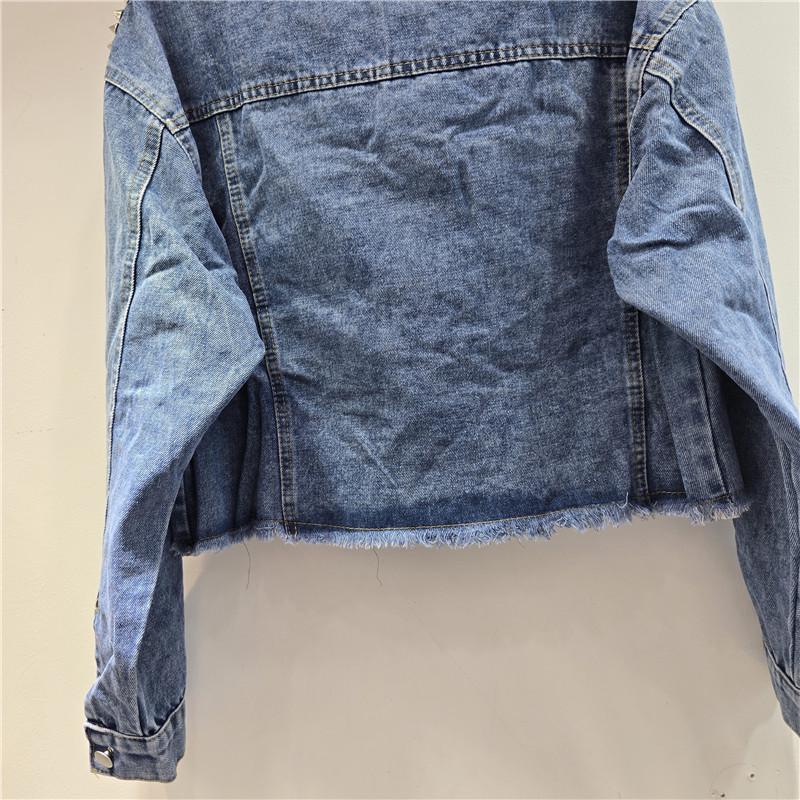 Europäische Station 2026 Frühling Nieten & Diamanten Ausgefranster Rand Damen Jeansjacke