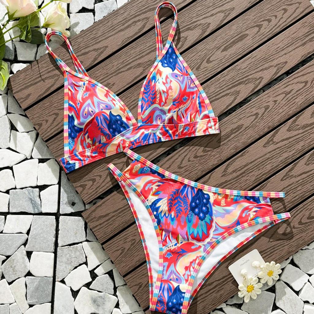 European and American Sexy Slimming Backless Printed Triangle Bikini for Women