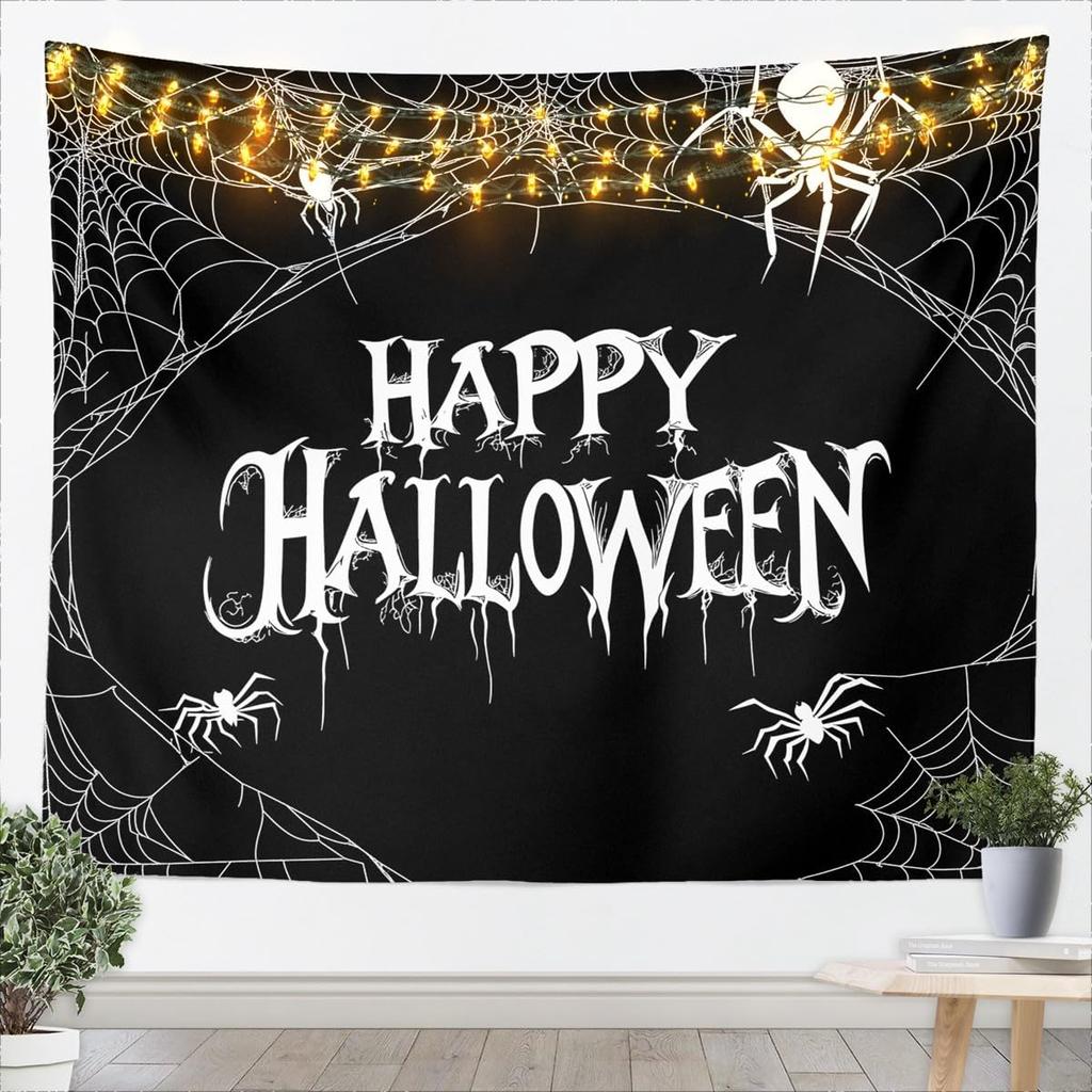 Happy Halloween Wall Art Medium Kids Spider Wall Hanging Blanket for Boys Girls Teens Cobweb Vintage Halloween Decor Spooky