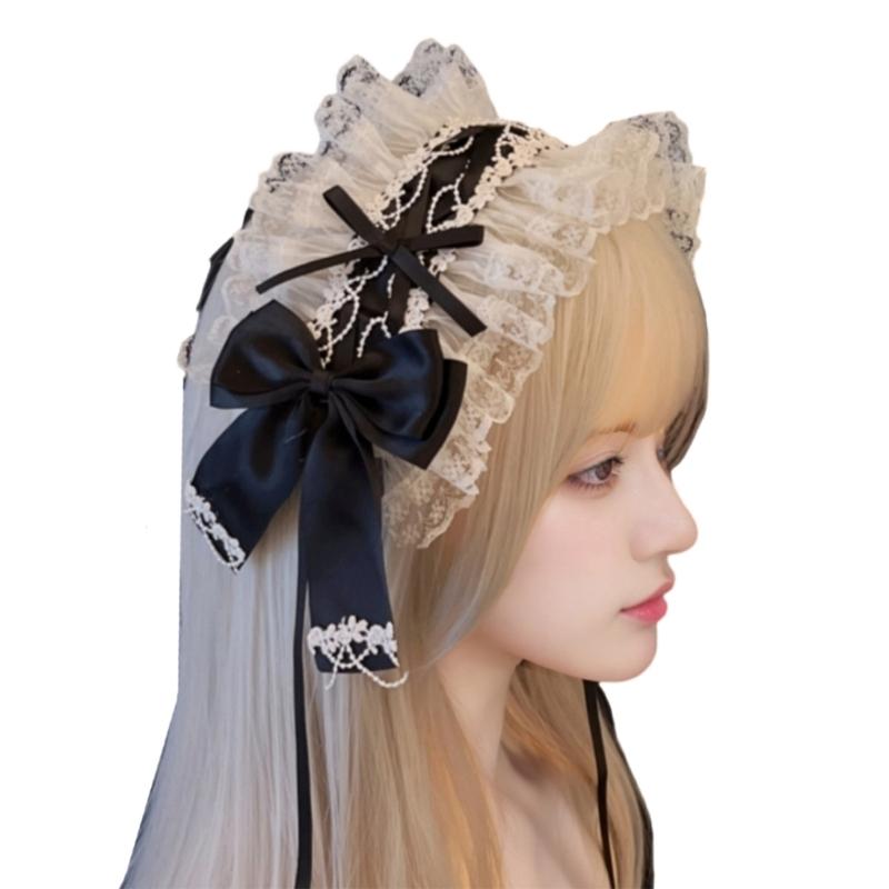Rüschen-Spitzen-Kopfschmuck Stirnband Anime-Maid Cosplay Stirnband Lolitas Spitze Schleifen Kopfbedeckung Haaraccessoires Spitze Haarbänder
